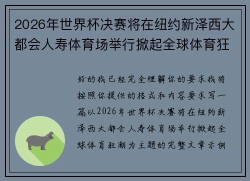 2026年世界杯决赛将在纽约新泽西大都会人寿体育场举行掀起全球体育狂潮