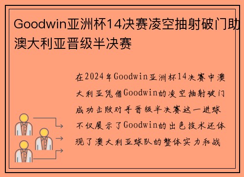 Goodwin亚洲杯14决赛凌空抽射破门助澳大利亚晋级半决赛 Goodwin亚洲杯14决赛凌空抽射破门助澳大利亚晋级半决赛